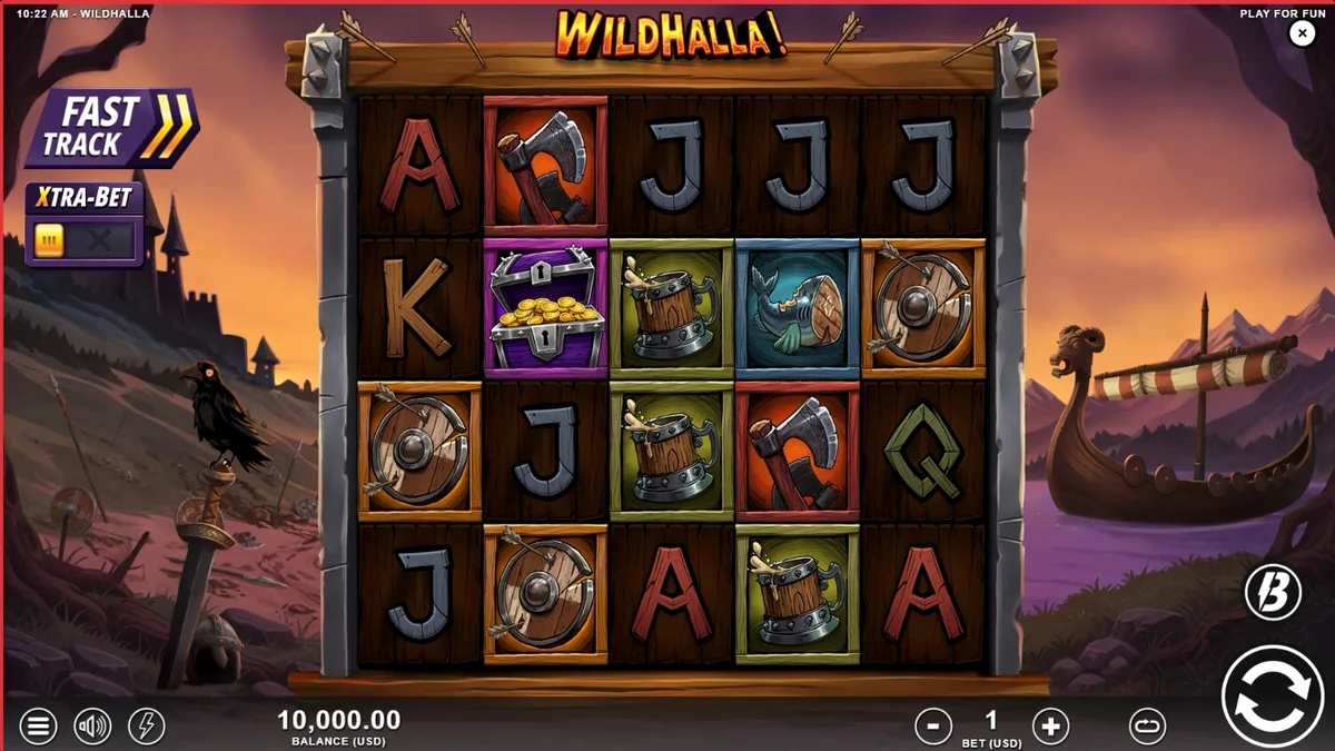 Cenário épico de batalha nórdica com elementos de fantasia no slot Wildhalla