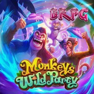 Interface do jogo de slot Monkeys Wild Party com símbolos de macacos e cogumelos